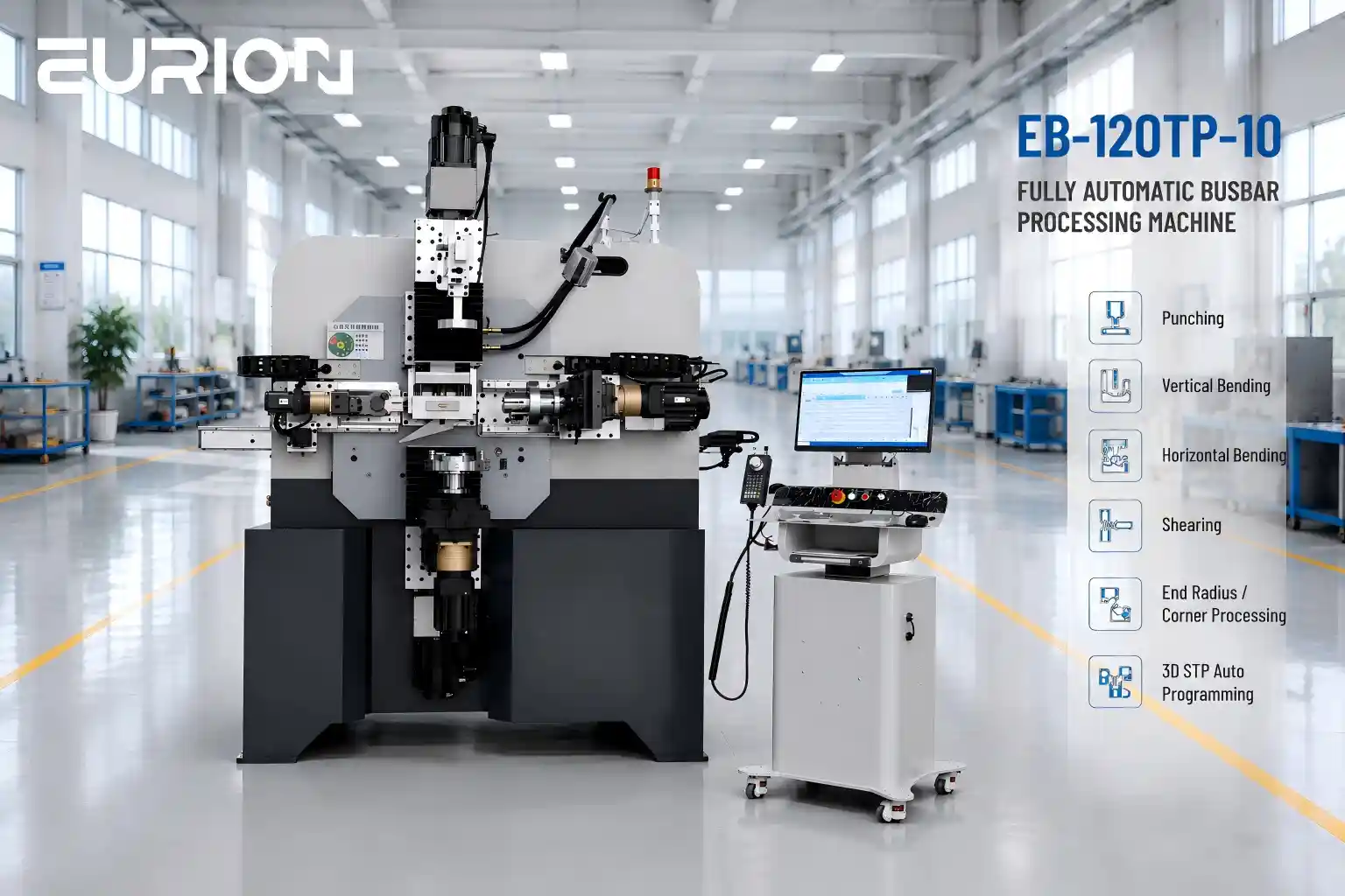 One EB-120TP-10 replaces multiple standalone machines, enabling continuous, intelligent and fully automated busbar production.
