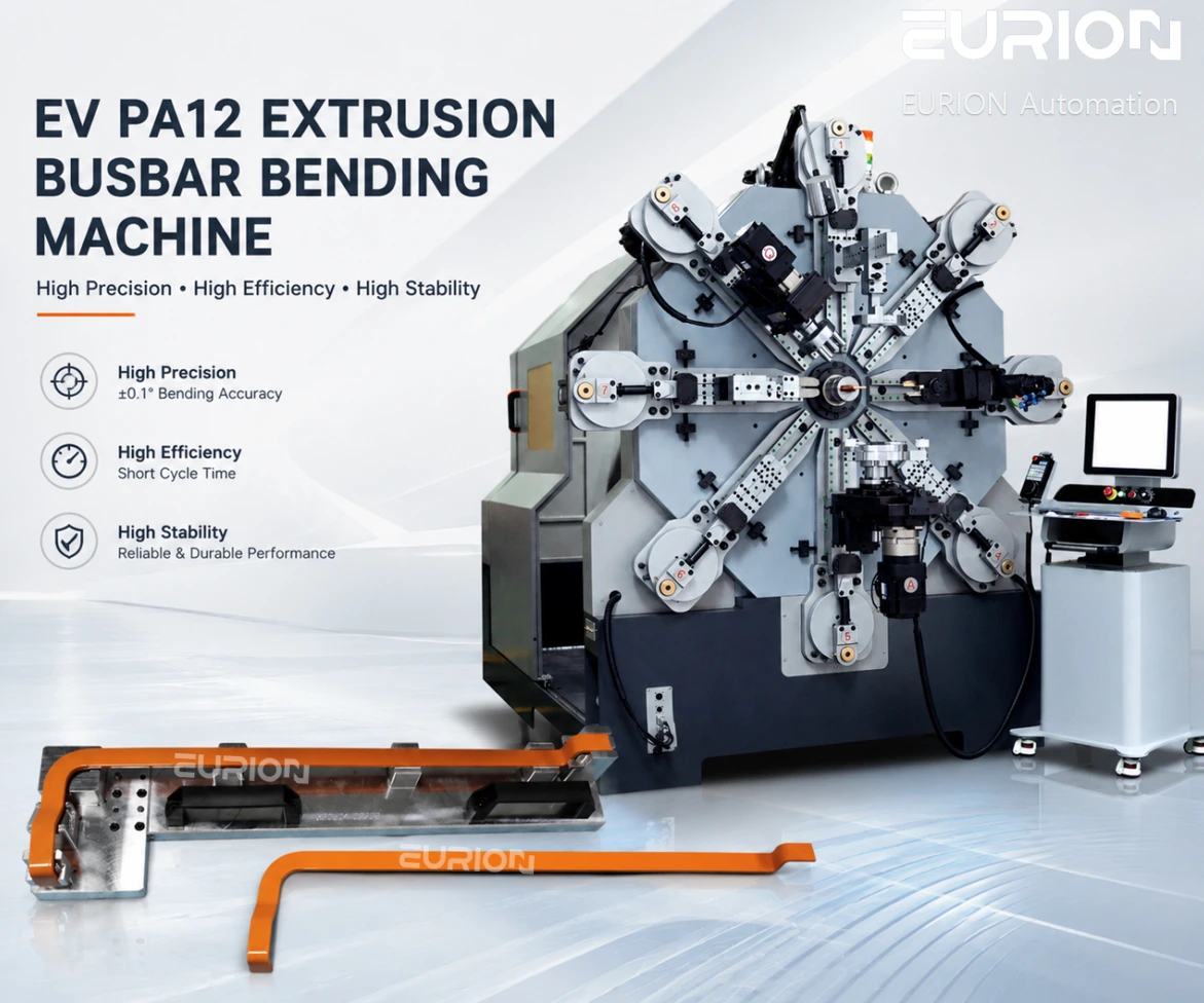 Complex EV battery copper busbar connector formed by EV PA12 extrusion busbar bending machine for automotive battery systems.