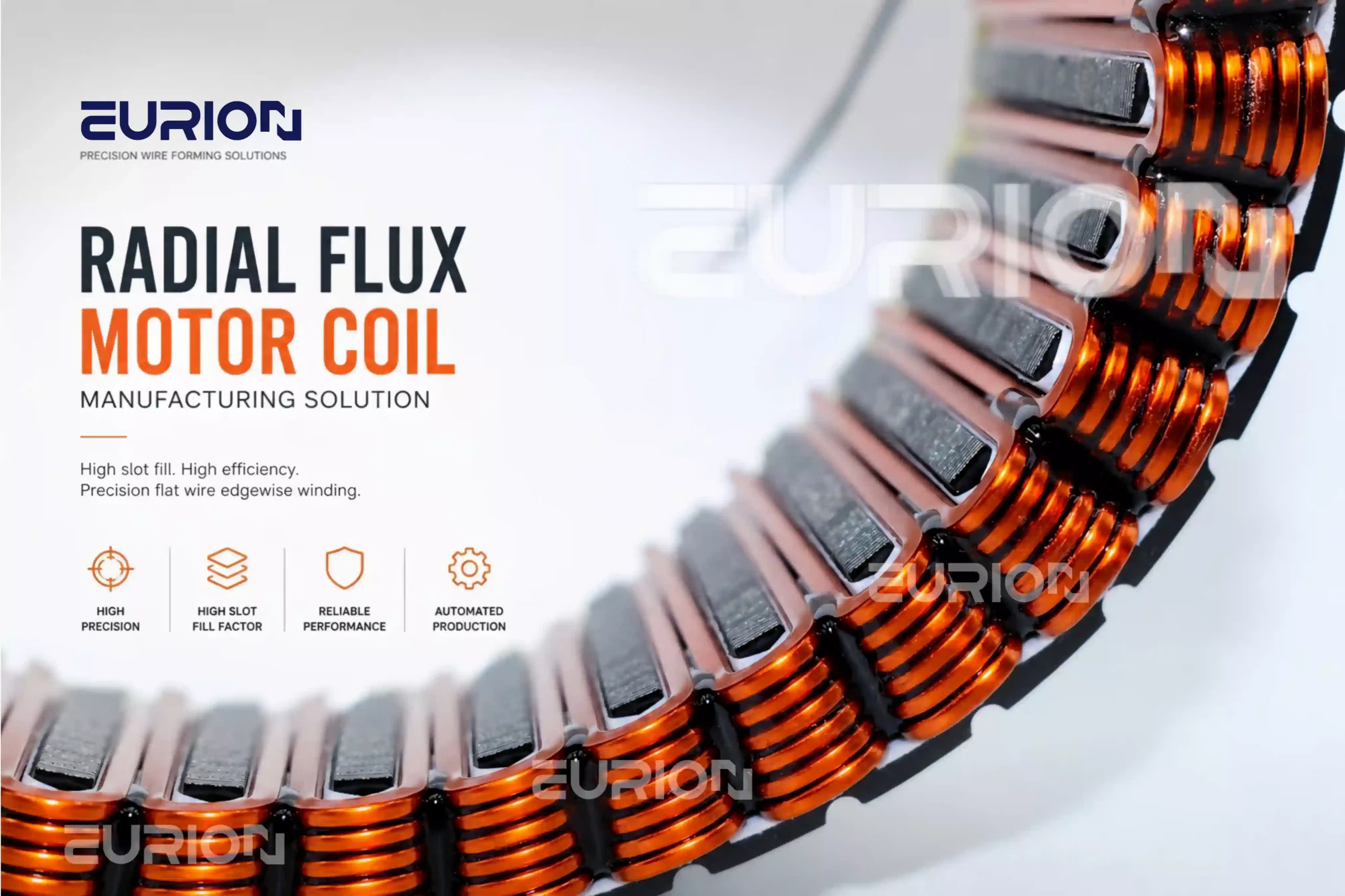 Complete radial flux motor coil manufacturing solution from flat wire winding to stator assembly