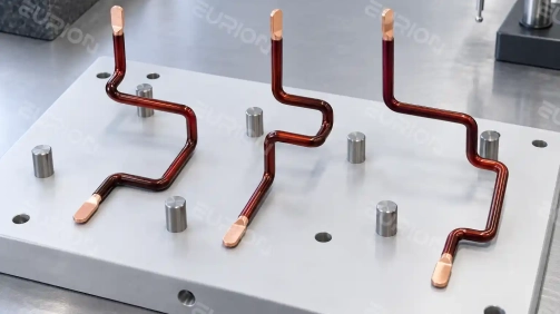 Three-phase motor stator lead wires positioned on an inspection fixture